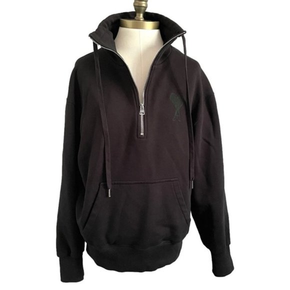 AMI Paris Black Ami De Coeur Half-Zip Sweatshirt - M 🇫🇷 - Picture 3 of 12
